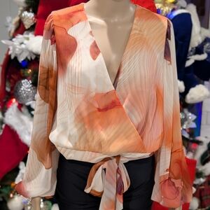 Express Chiffon Women's Chic Wrap Cropped Blouse Orange Cream Size L Tie Front